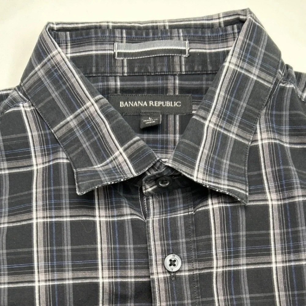 Banana Republic Mens Short Sleeve Plaid Button Down Shirt Black Large Stretch